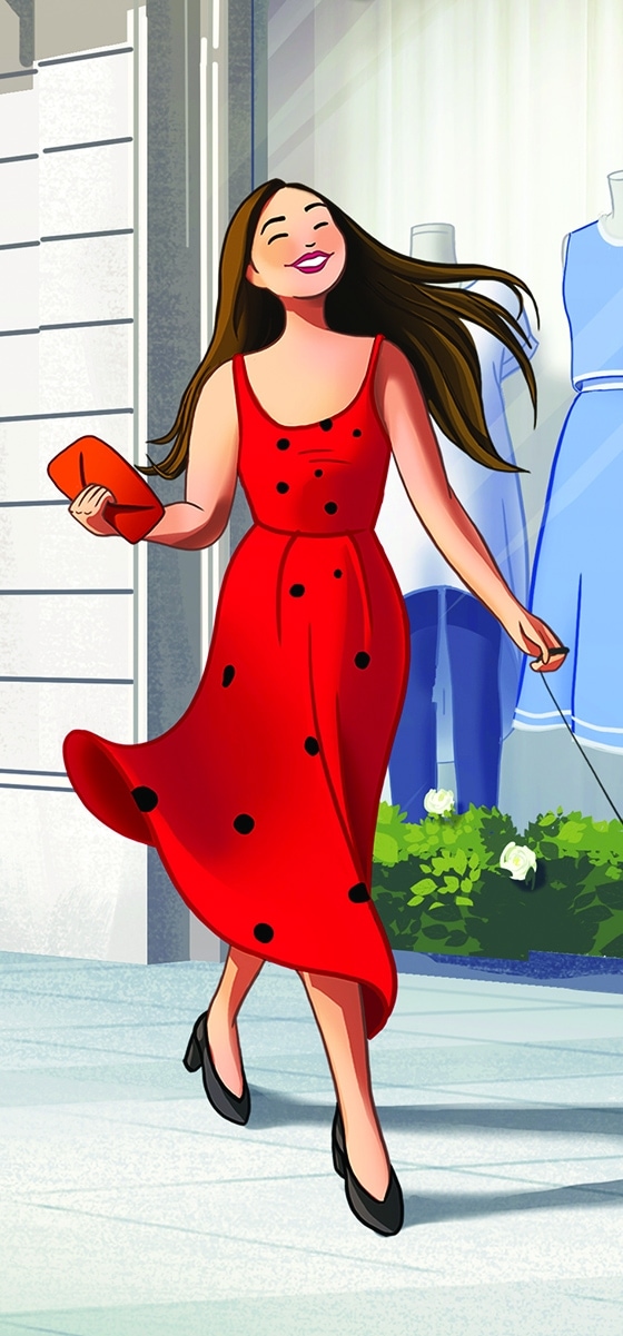 Mergina su raudona stilinga taškuota suknele eina miestu apsipirkti